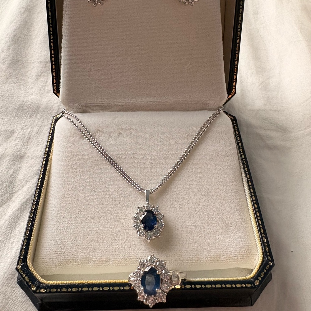 3 piece Sapphire Color Halo Pendant Necklace, earrings and ring.